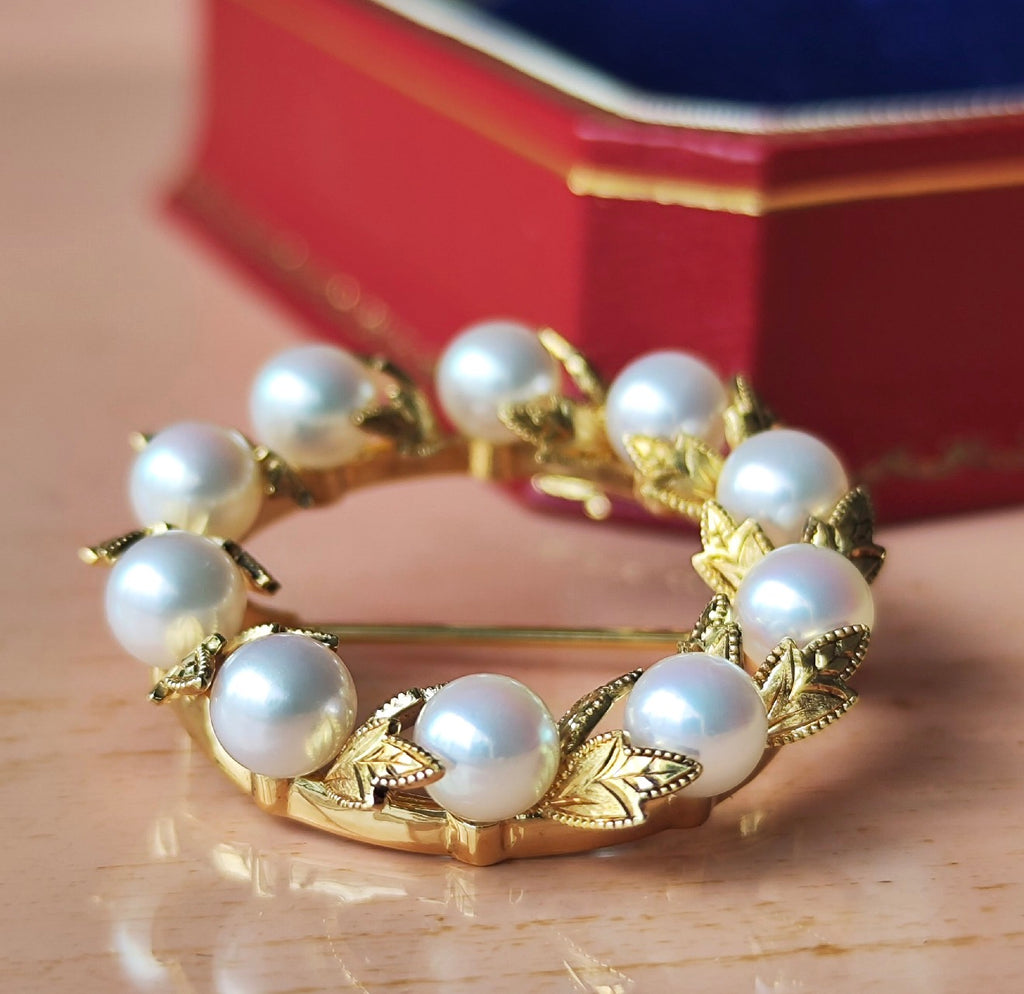 MIKIMOTO ミキモトあこや真珠 リースモチーフ ヴィンテージブローチ 18金