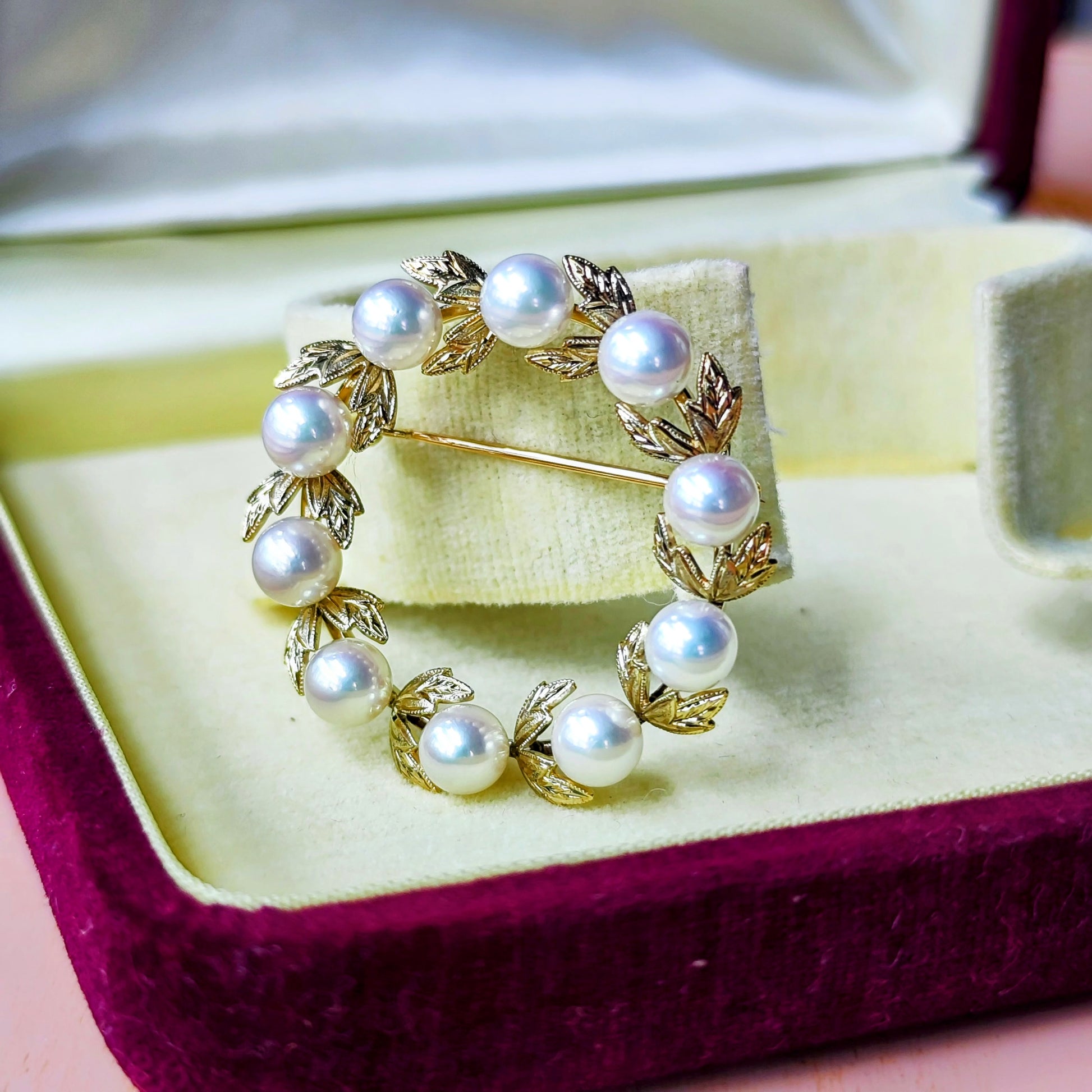 MIKIMOTO ミキモト リース型 月桂樹 ヴィンテージブローチ 14金