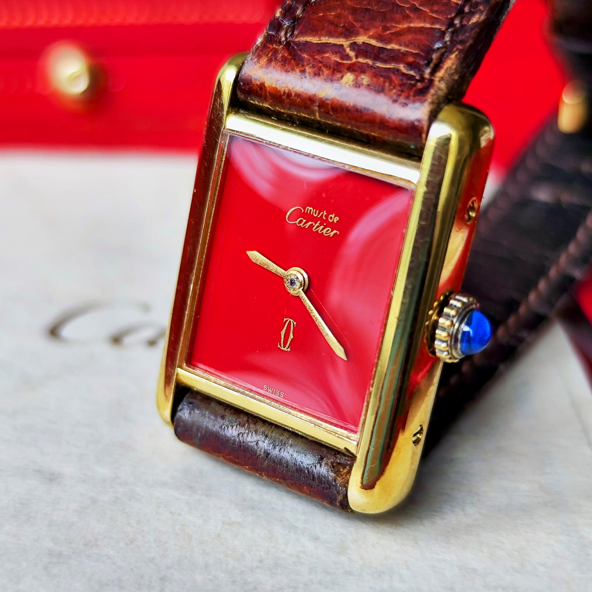【OH済み】Cartier カルティエ マストタンク レッド文字盤 手巻き腕時計