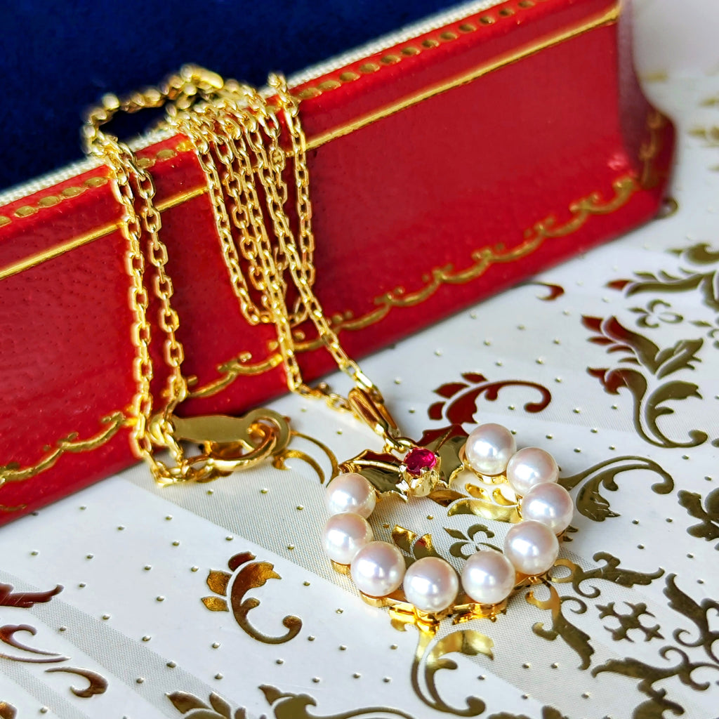 MIKIMOTO ミキモト リースモチーフ 天然ルビー あこや真珠 ネックレス