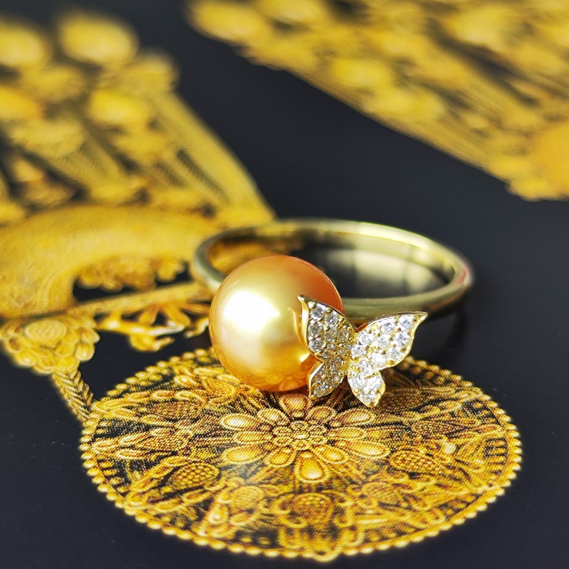 白蝶ゴールデンパール 天然ダイヤモンド 18金リング