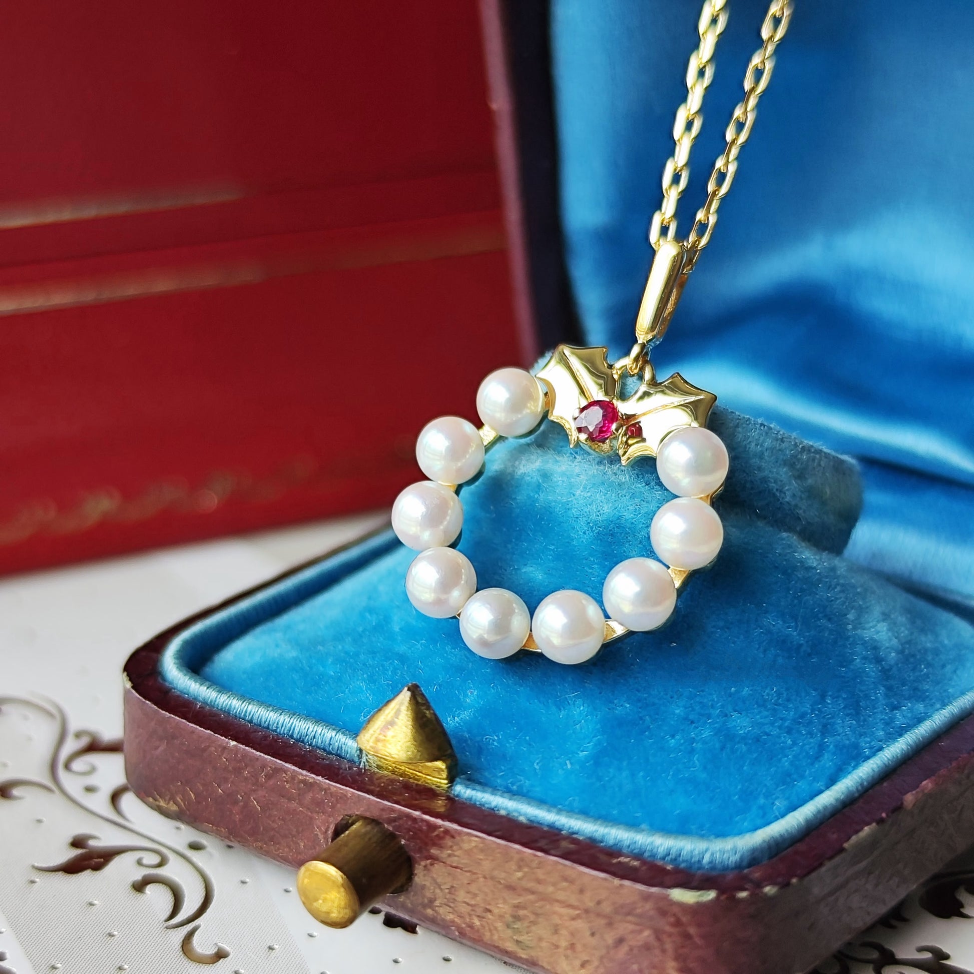 MIKIMOTO ミキモト リースモチーフ 天然ルビー あこや真珠 ネックレス