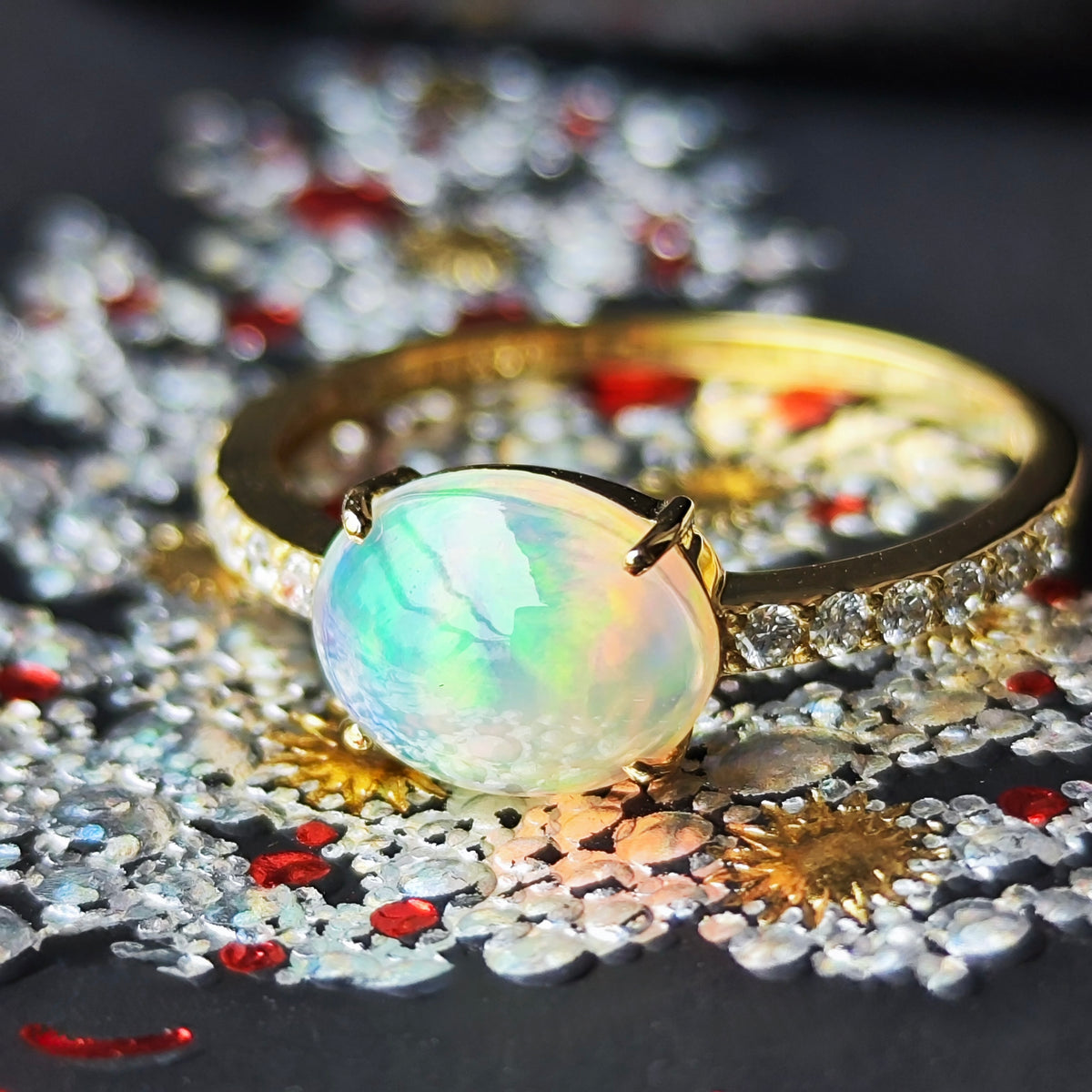 天然オパール エチオピア産 0.93ct 天然ダイヤモンド リング