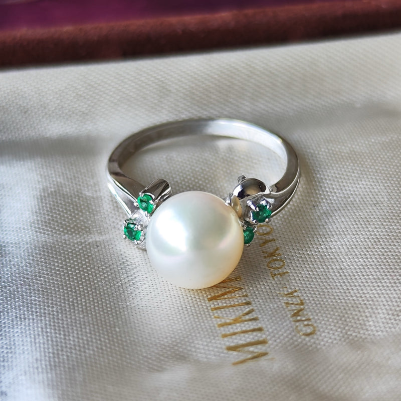 MIKIMOTO ミキモト あこや真珠 天然エメラルド 陽刻 ヴィンテージリング