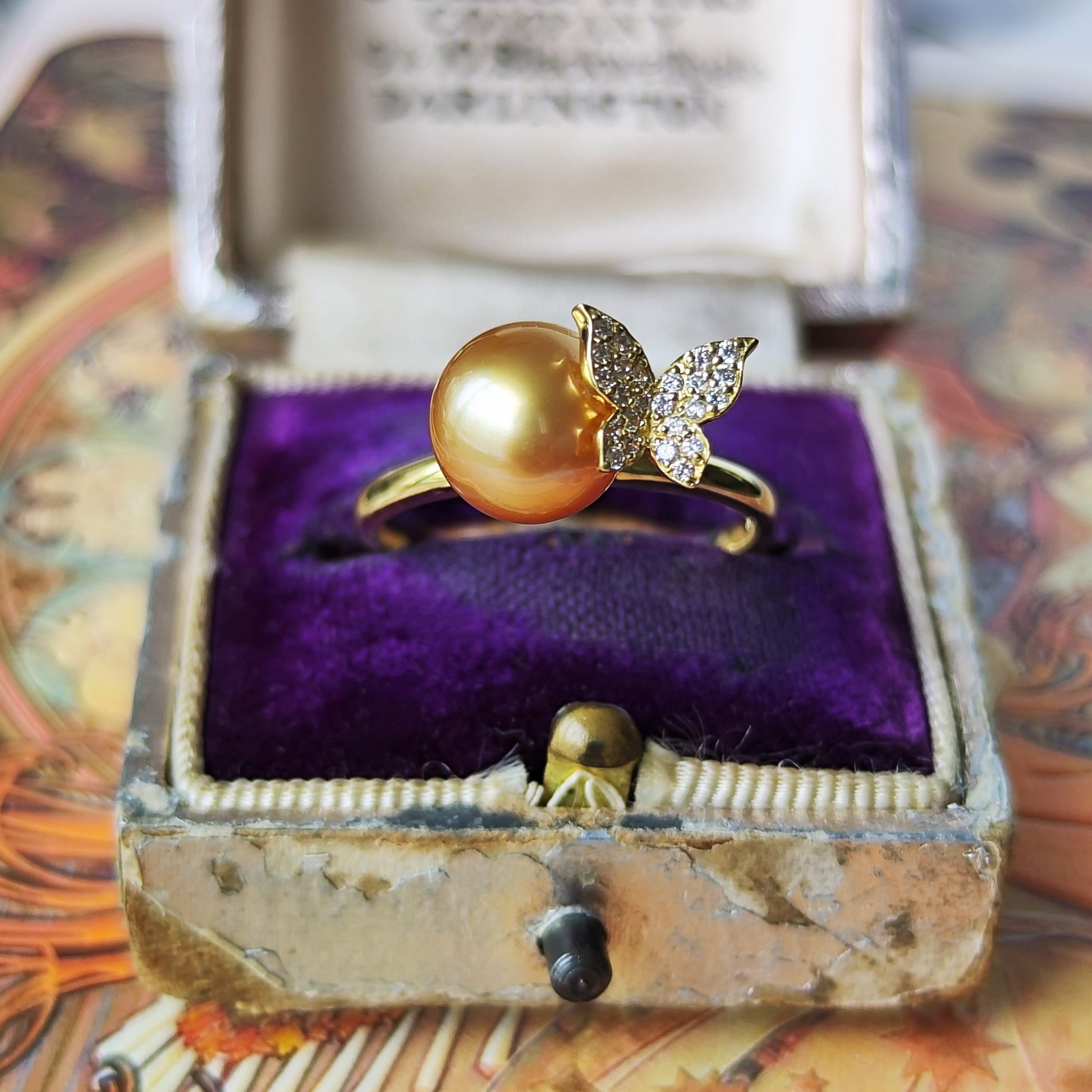 白蝶ゴールデンパール 天然ダイヤモンド 18金リング