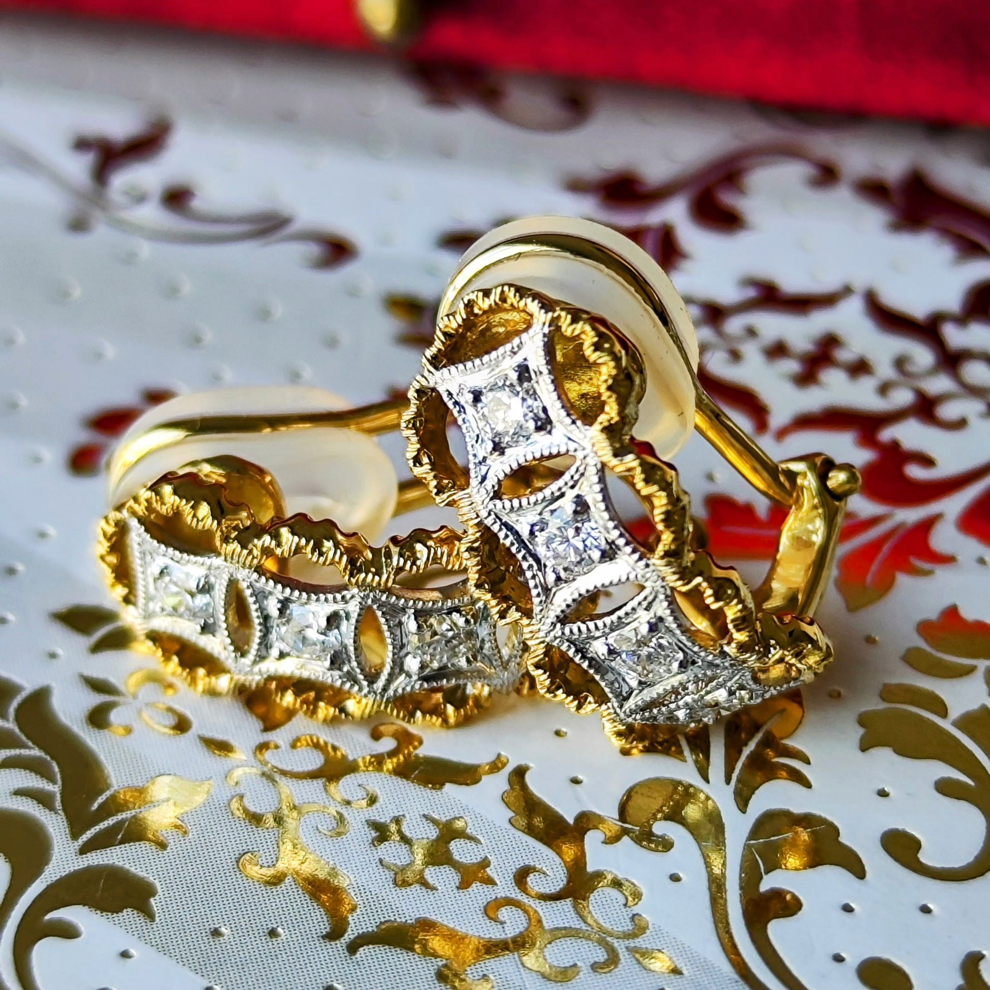 【フィレンツェ彫り】天然ダイヤモンド 18金 イヤリング