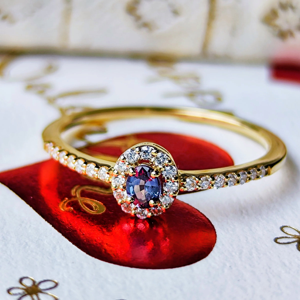 天然アレキサンドライト 0.10ct 天然ダイヤモンド 18金リング ②