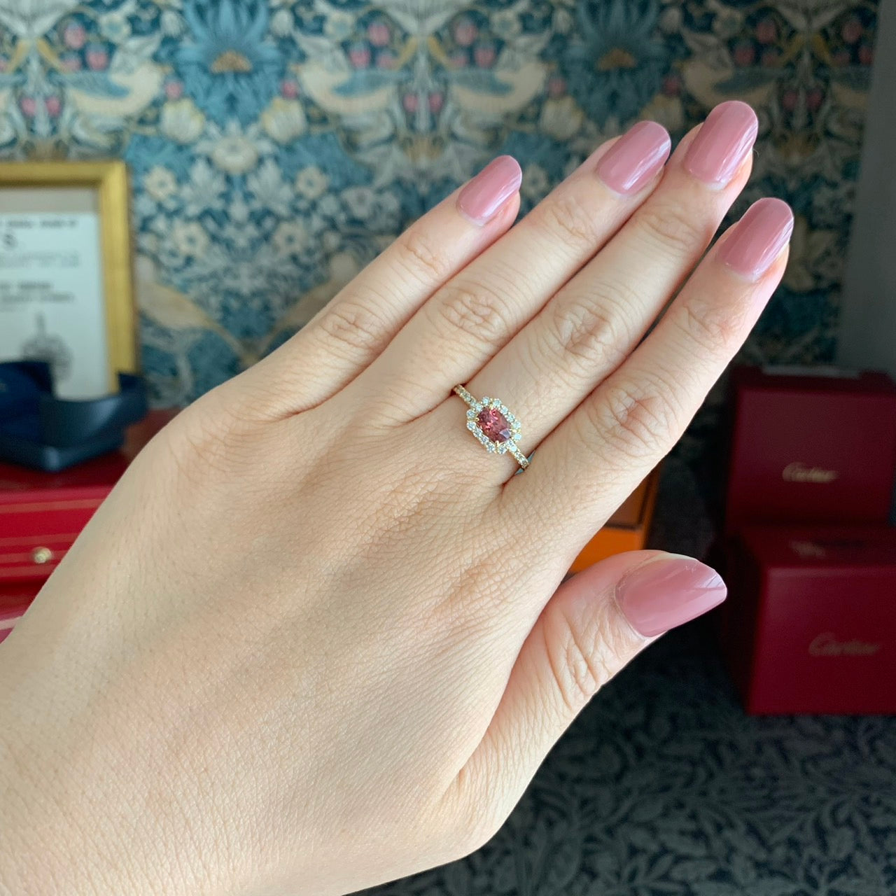 天然マラヤガーネット 0.77ct 天然ダイヤモンド リング