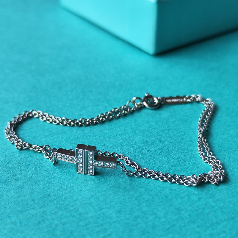 TIFFANY &Co ティファニー ブレスレット T TWO ティー トゥー ダブルチェーン ダイヤモンド K18WG