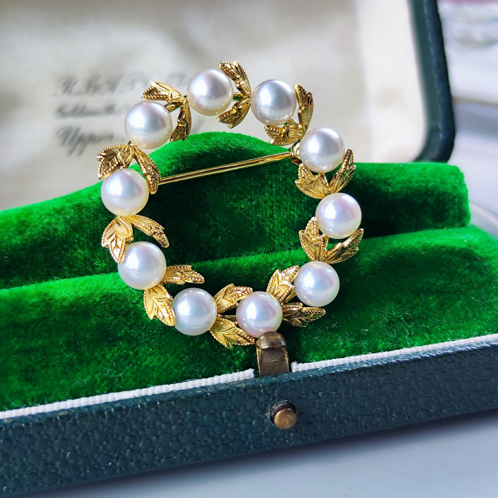 MIKIMOTO ミキモトあこや真珠 リースモチーフ ヴィンテージブローチ 18金