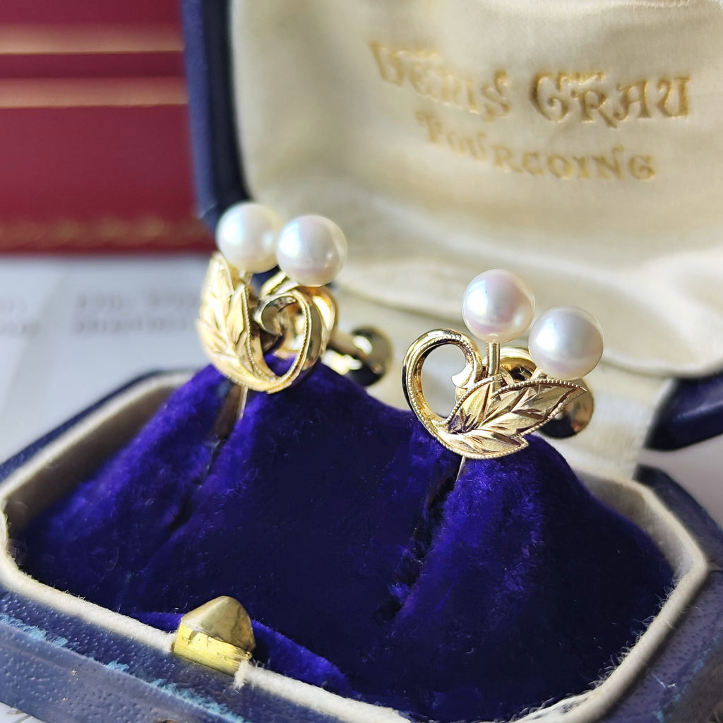 MIKIMOTO ミキモト あこや真珠 和彫り ヴィンテージイヤリング
