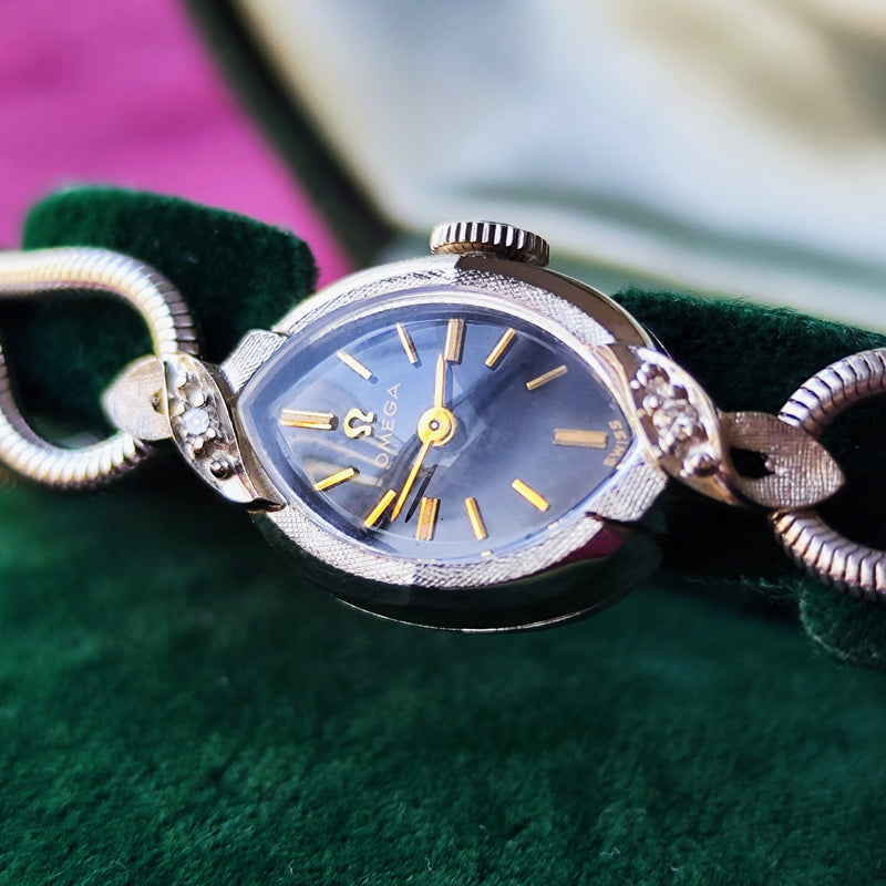 【OH済み 14金無垢時計】OMEGA オメガ 黒文字盤 ダイヤモンドベゼル カクテルウォッチ