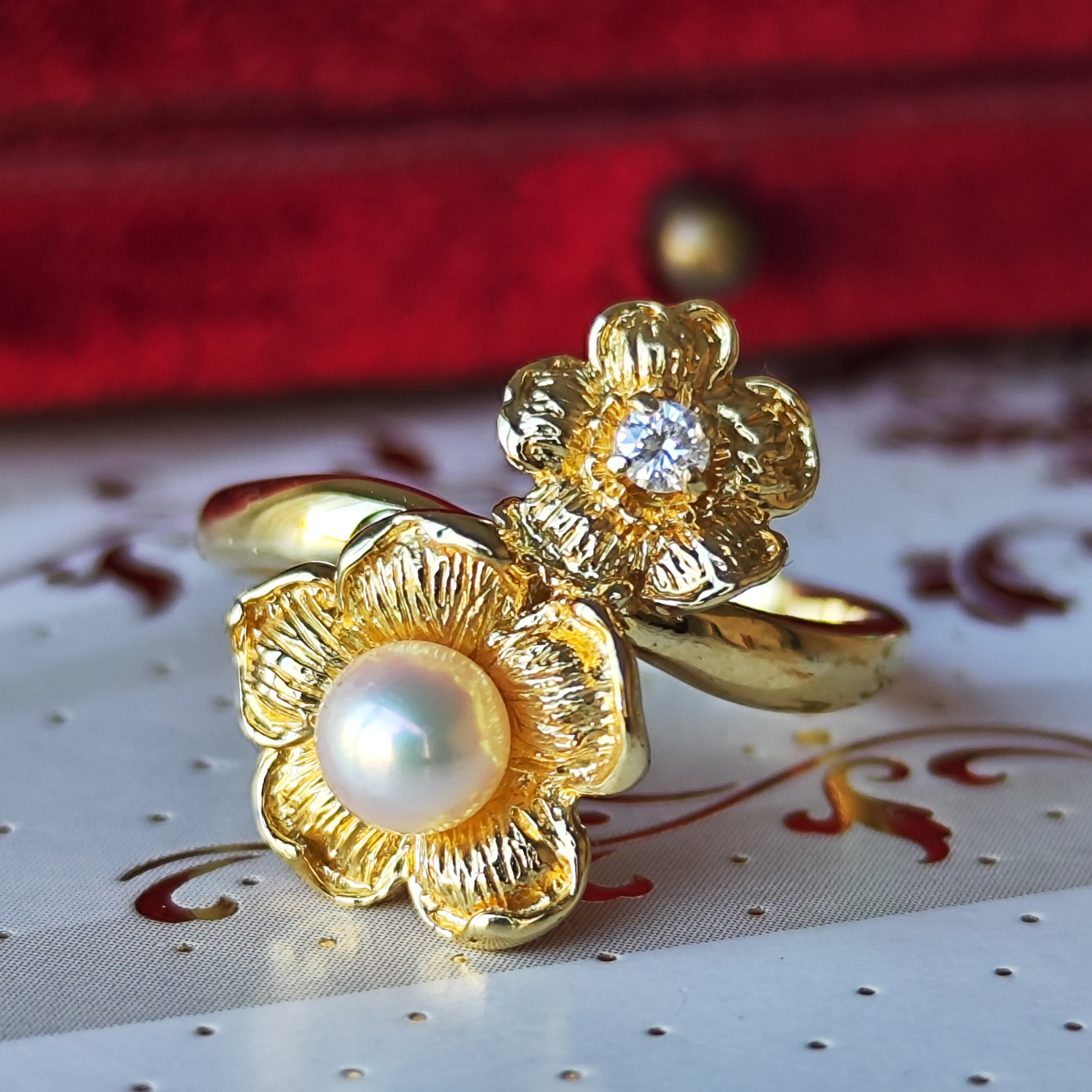 MIKIMOTO ミキモト フラワーリング 天然ダイヤモンド あこや真珠 18金