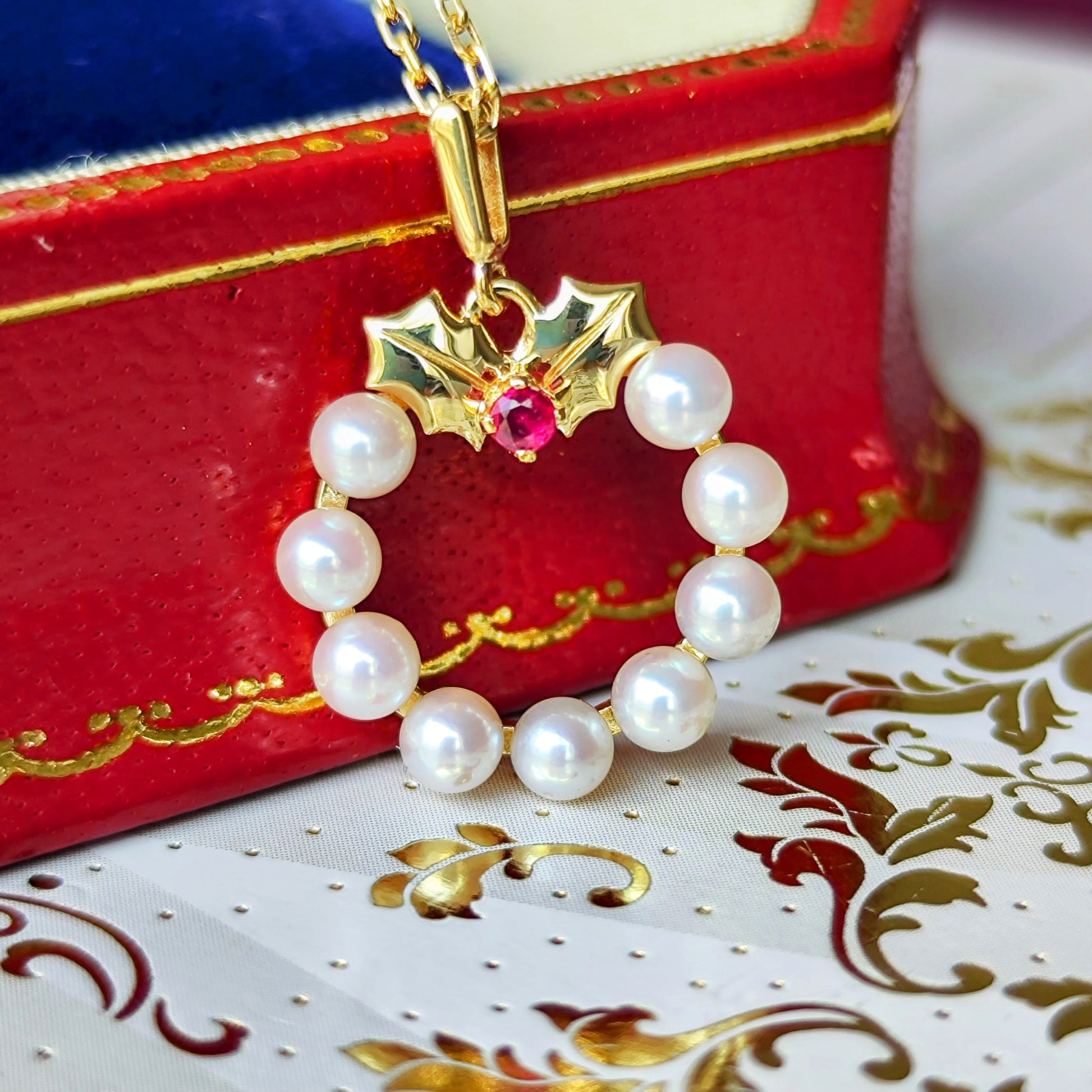 MIKIMOTO ミキモト リースモチーフ 天然ルビー あこや真珠 ネックレス