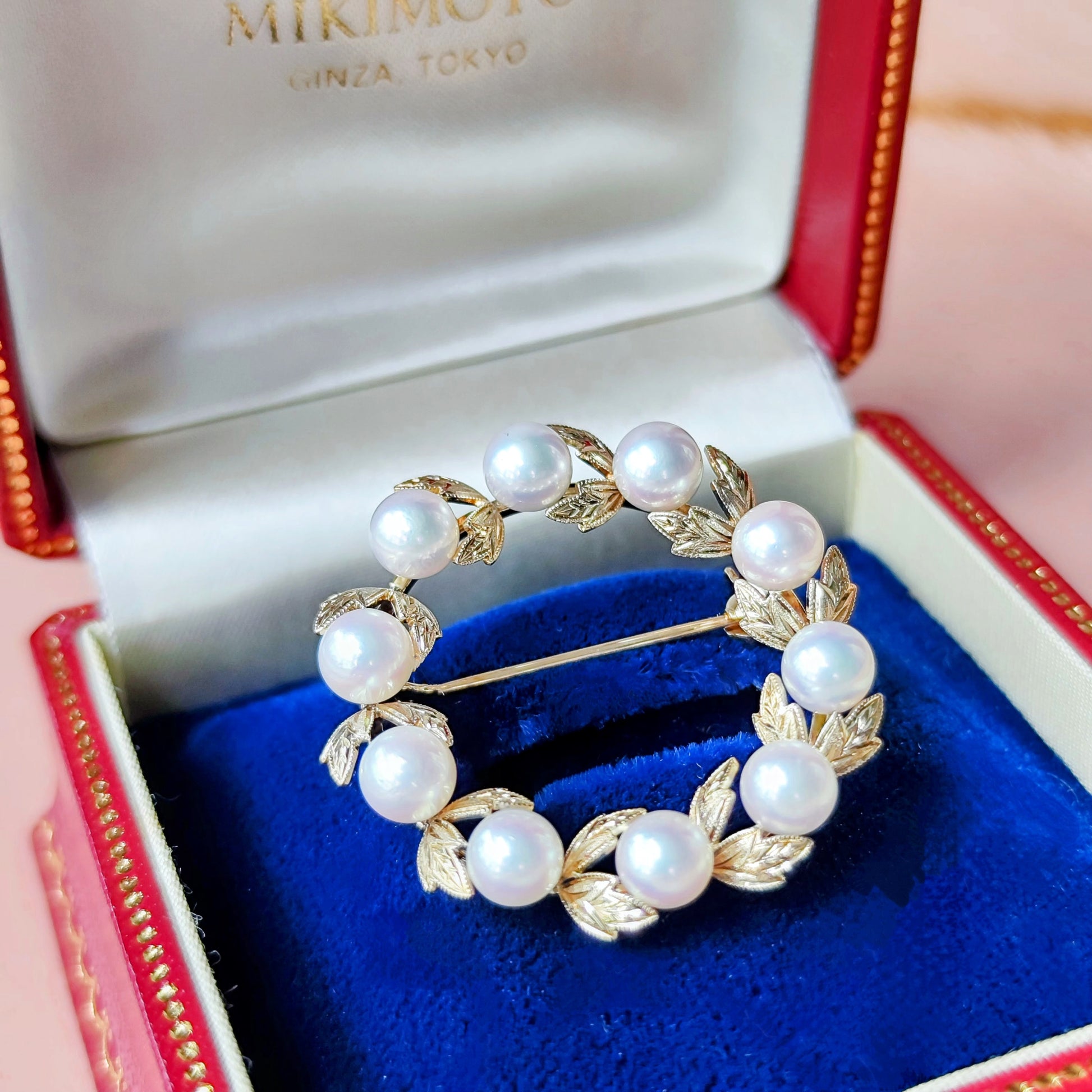 MIKIMOTO ミキモト リース型 月桂樹 ヴィンテージブローチ 14金