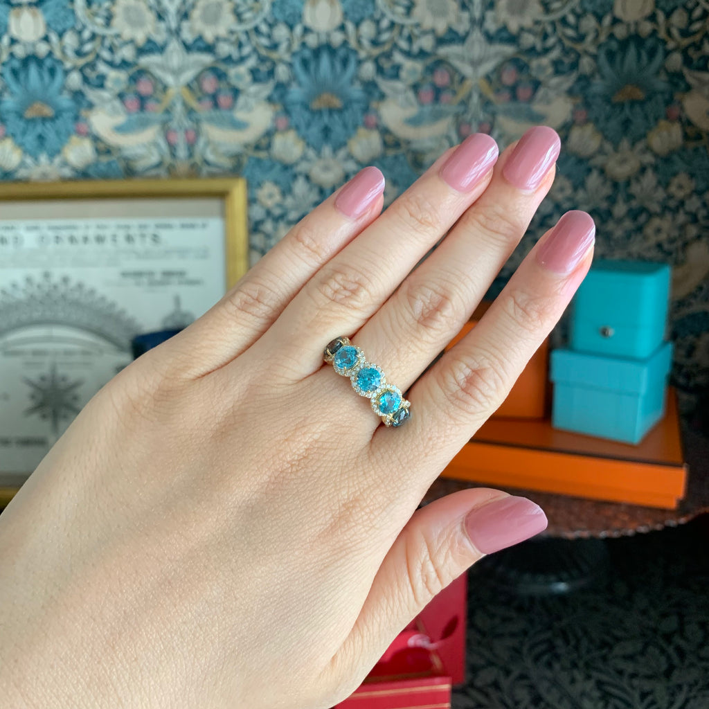 【5石】天然ブルージルコン 4.24ct 天然ダイヤモンド 18金リング