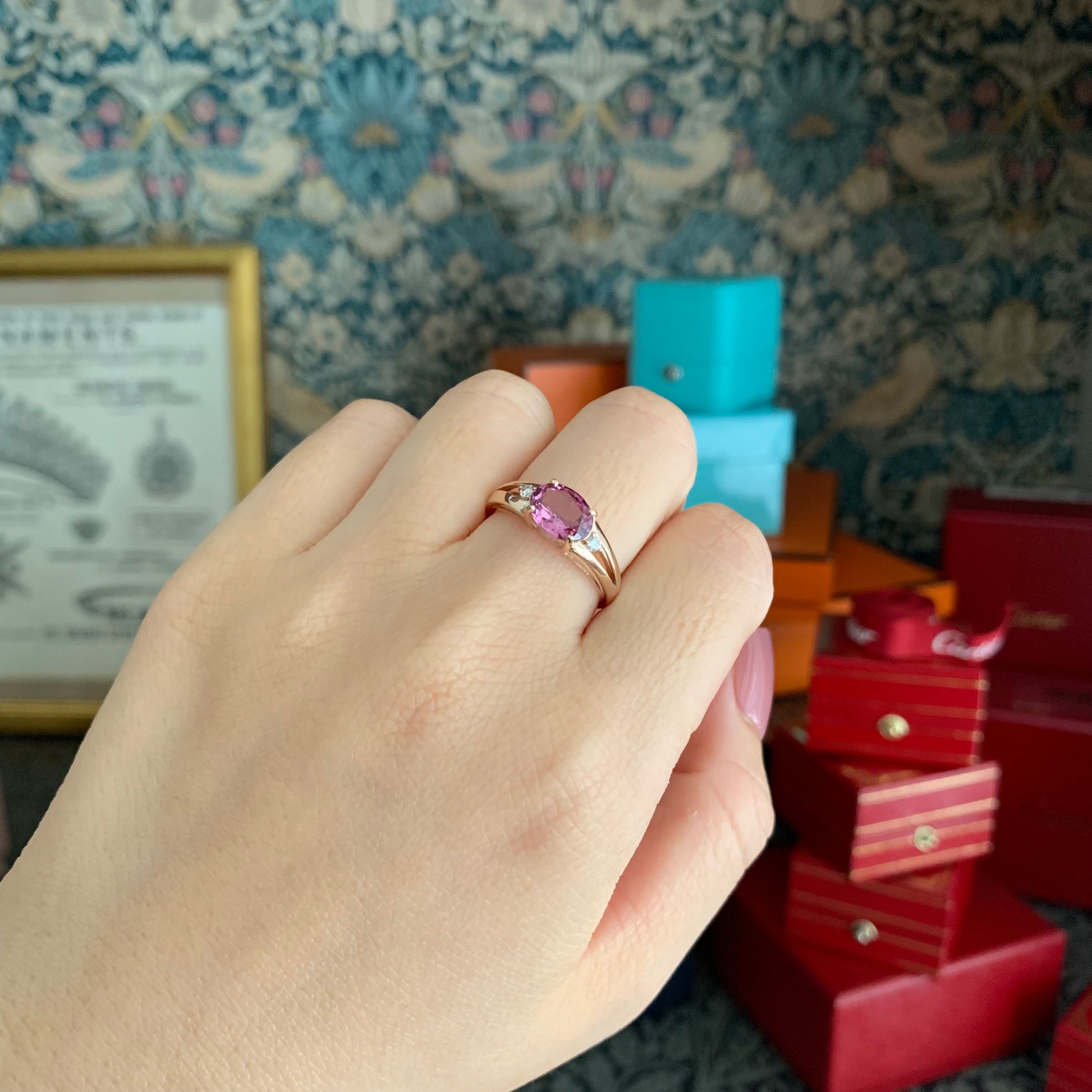 天然マラヤガーネット 1.31ct 天然ダイヤモンド リング