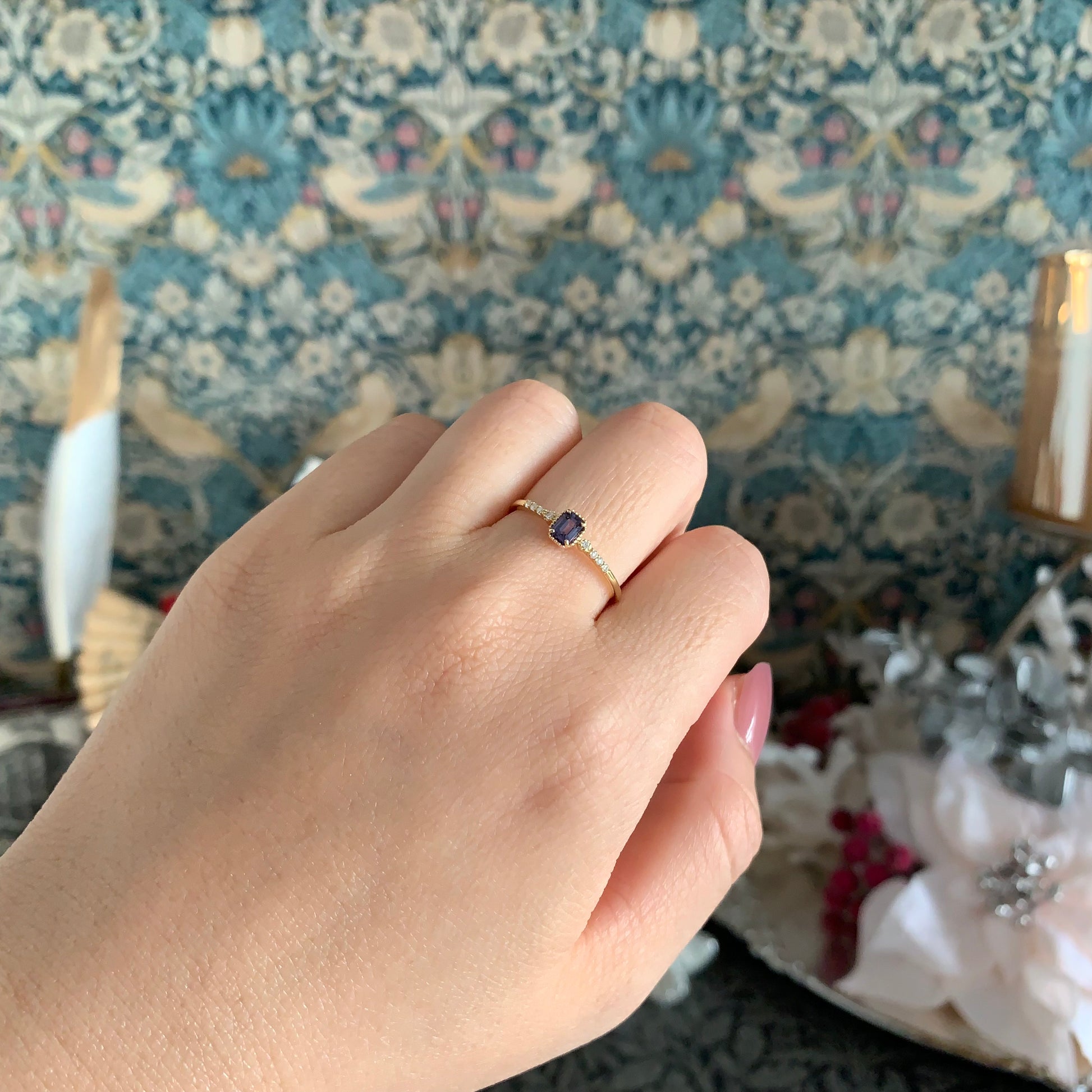 【ベキリーブルー】天然カラーチェンジガーネット 0.24ct 天然ダイヤモンド 18金リング