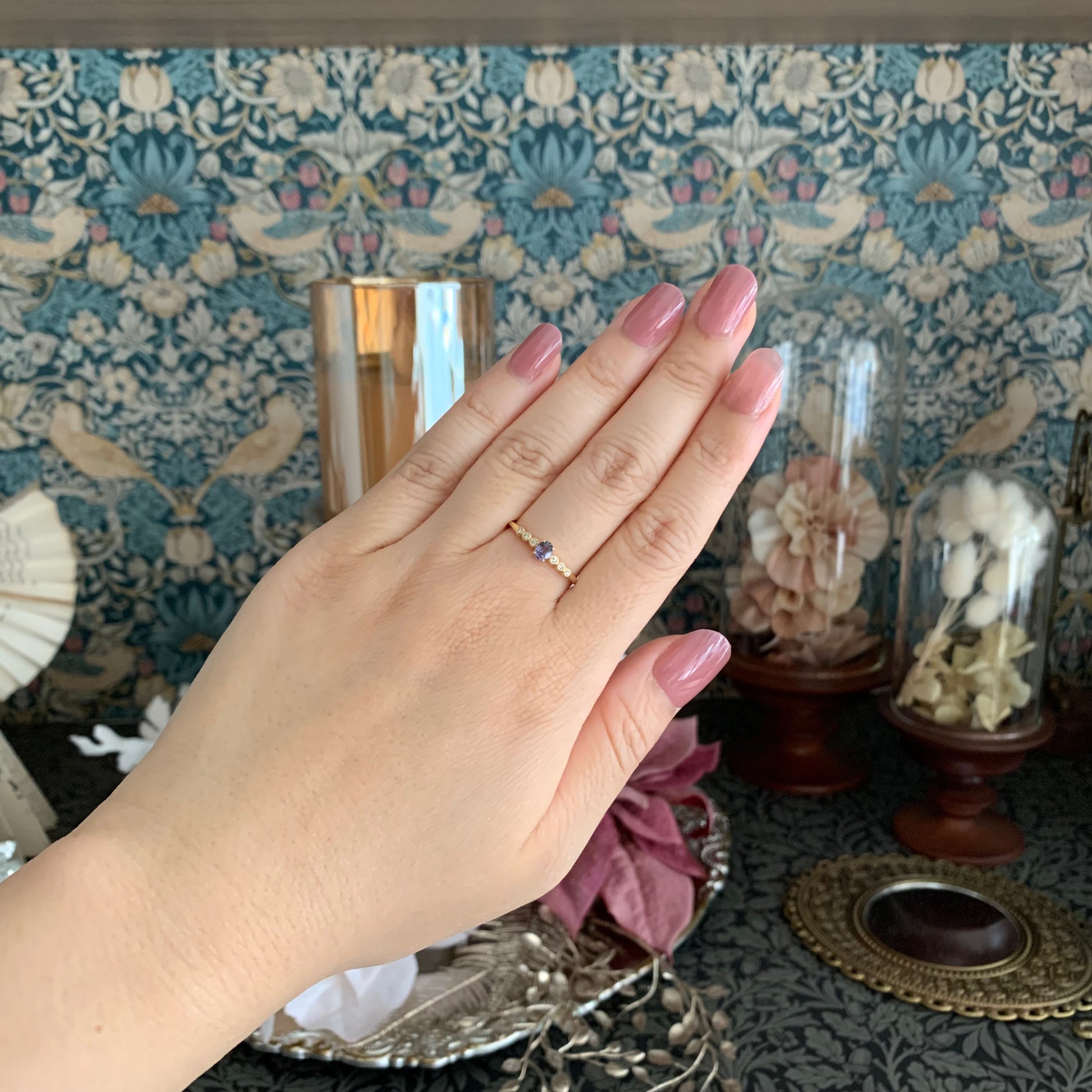 【ベキリーブルー】天然カラーチェンジガーネット 0.24ct 天然ダイヤモンド 18金リング