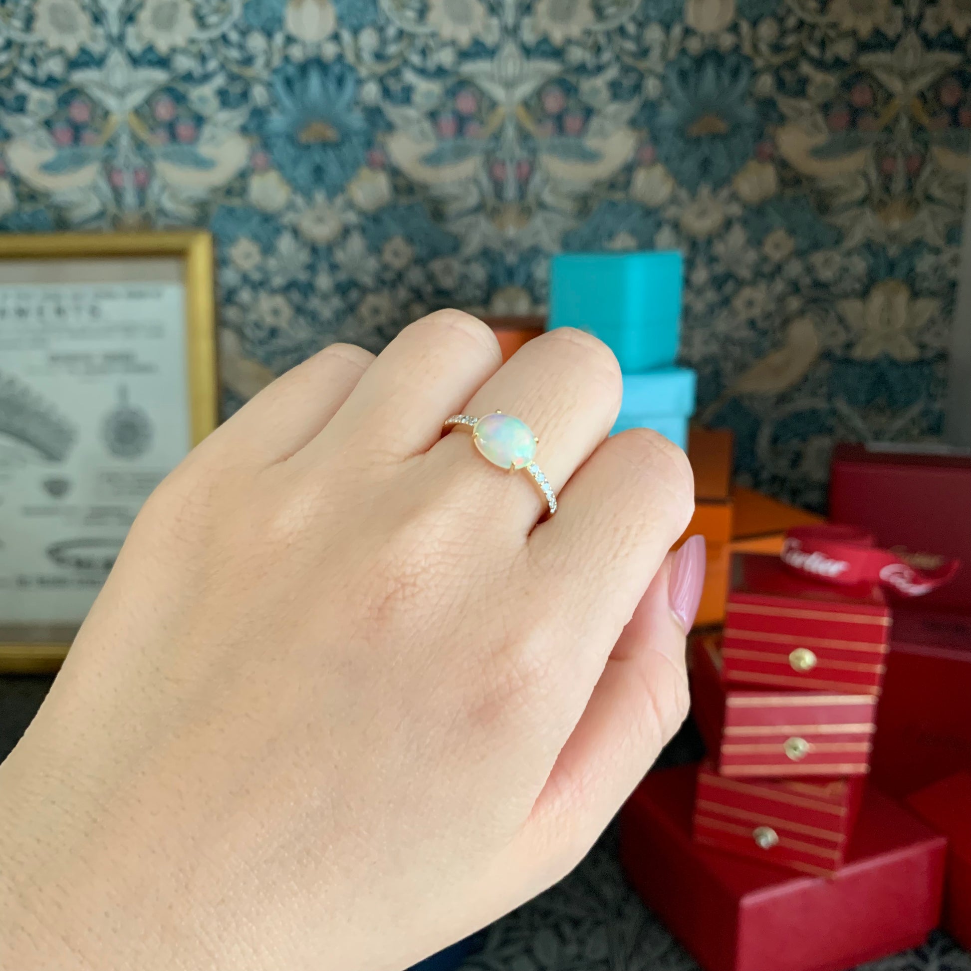天然オパール エチオピア産 0.93ct 天然ダイヤモンド リング