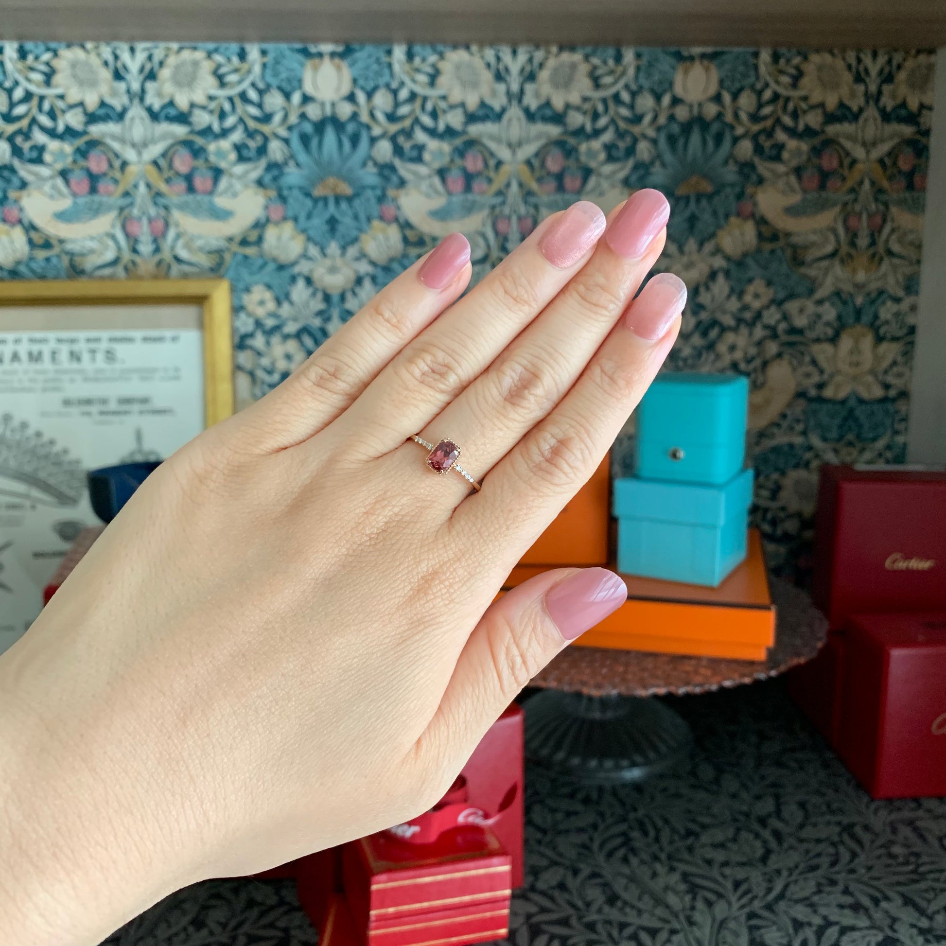 天然マラヤガーネット 0.76ct 天然ダイヤモンド 18金リング