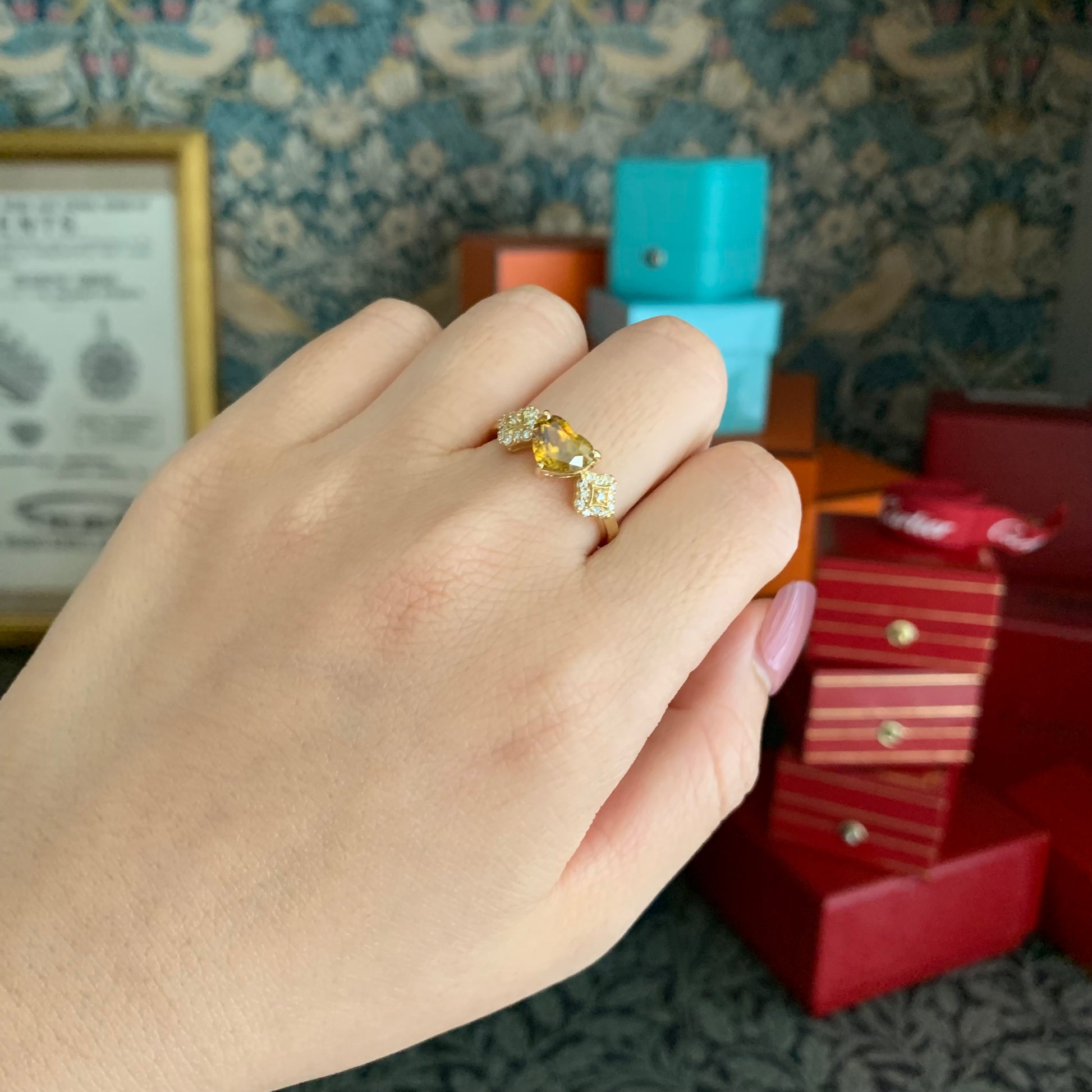 天然スフェーン ハートシェイプ 1.33ct 天然ダイヤモンド 18金リング