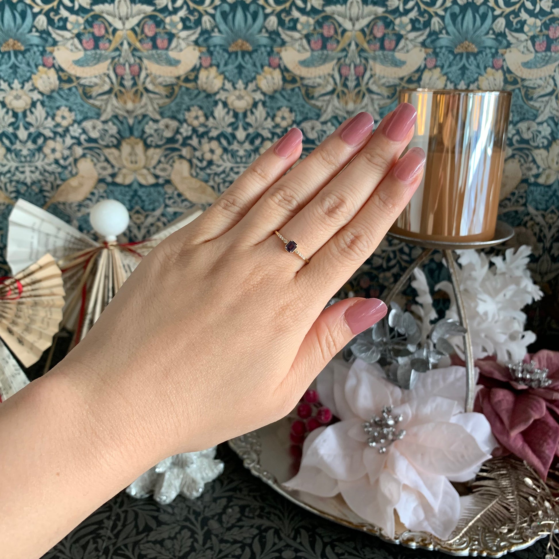 【ベキリーブルー】天然カラーチェンジガーネット 0.24ct 天然ダイヤモンド 18金リング